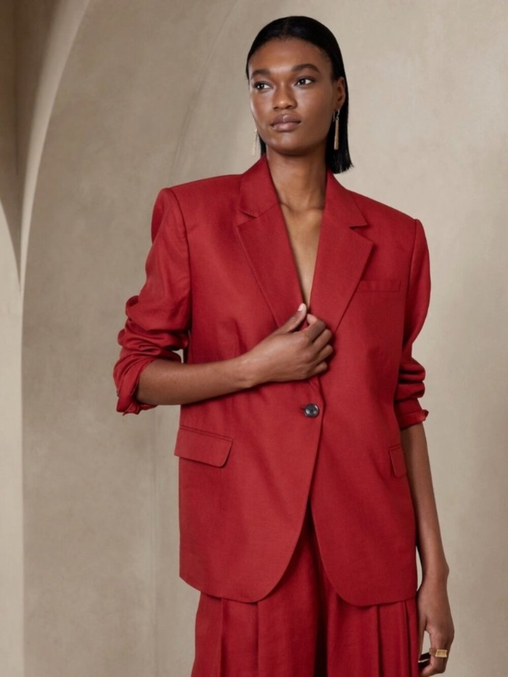NWT Banana Republic Linen Blend Red Single Button Oversized Blazer Women's XS